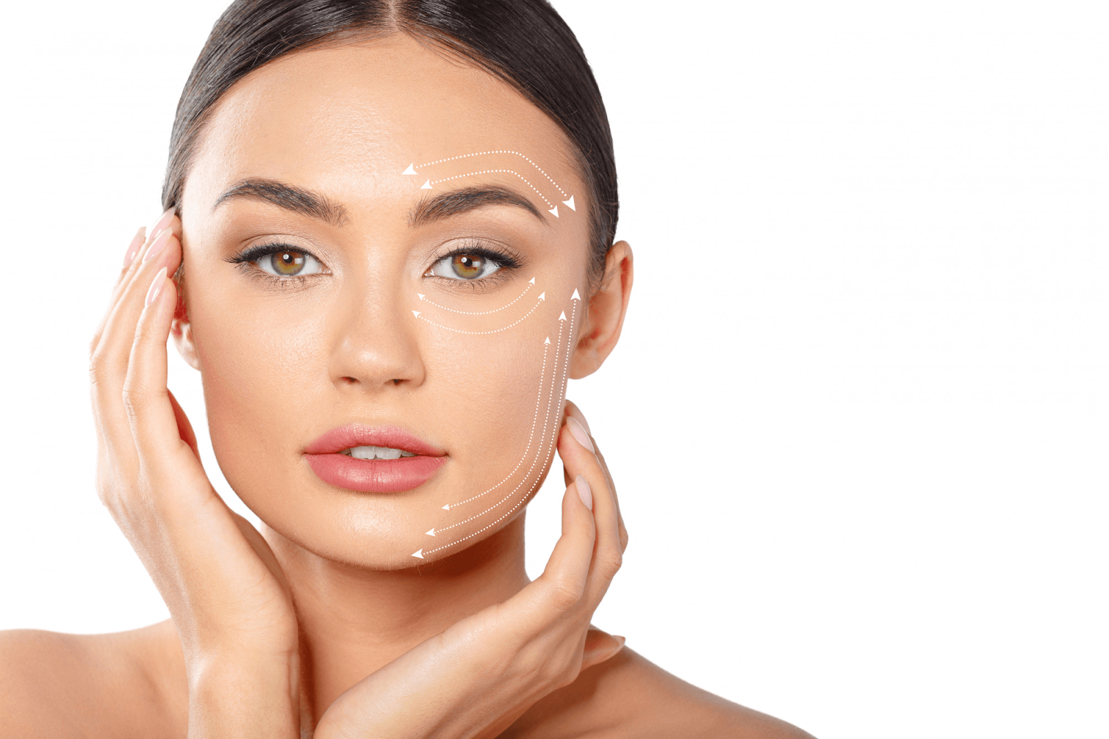 Woman with white dotted line on her face getting ready for cosmetic face surgery